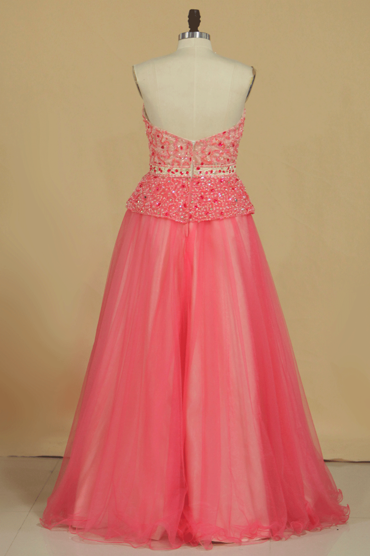 Sweetheart Prom Dresses Beaded Bodice Floor Length A Line Tulle