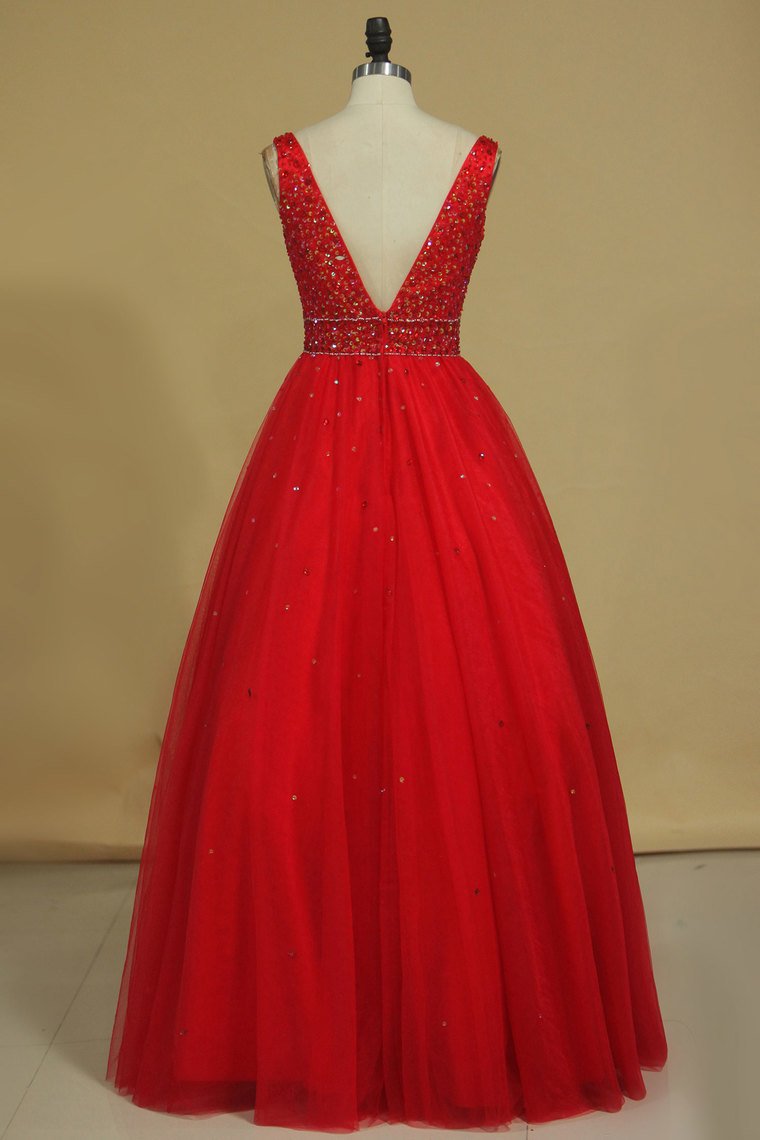 Ball Gown Straps Beaded Bodice Prom Dresses Floor Length Tulle