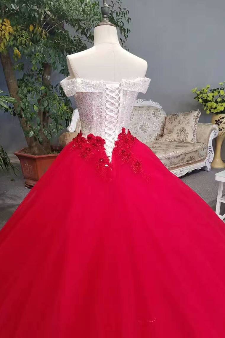 New Arrival Off The Shoulder Lace Up Red Wedding Dresses/Quinceanera Dresses With Sequins