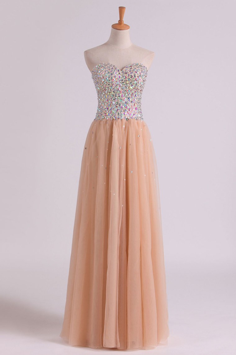 Sweetheart A-Line Prom Gown With Colorful Rhinestone Beaded Bodice Tulle