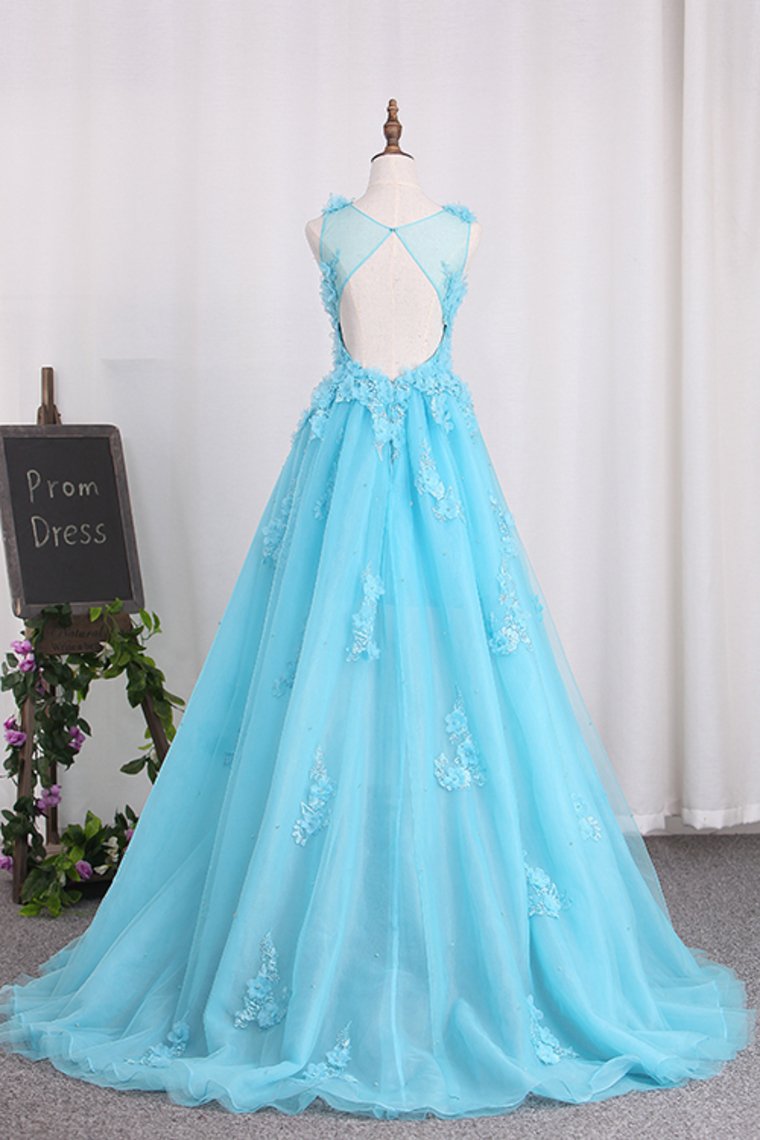 Bateau A Line Prom Dresses Tulle With Applique Sweep Train