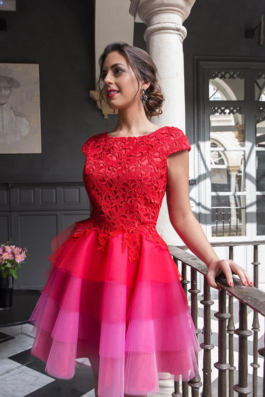 2024 Red Lace Appliques Top Cap Sleeves Multi Colors Tulle Short Homecoming Dresses WK645