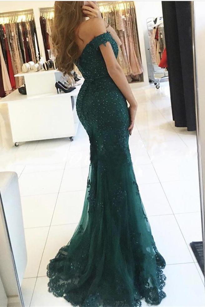 Elegant Emerald Green Off Shoulder Lace Mermaid Beads Sweetheart Prom Dresses WK412