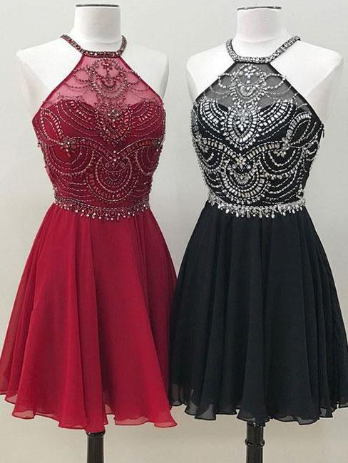 Cute A Line Halter Beaded Short Burgundy Homecoming Dresses Backless Black Hoco Dress WK731