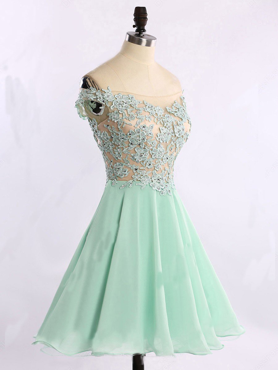 Short Chiffon Tulle Appliques Lace Beads Cute Off the Shoulder Green Homecoming Dresses WK740