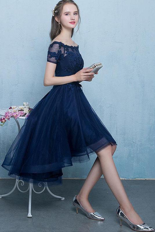 Dark Blue Lace Tulle Short Sleeve High Low Round Neck A-Line Short Prom Dresses WK408