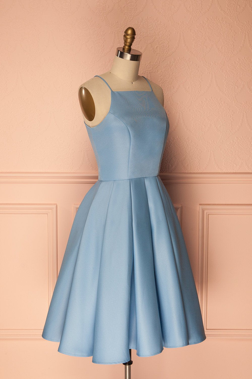 A Line Blue Halter Sleeveless Short Satin Knee Length Homecoming Dress WK601