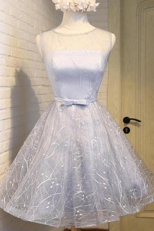 Cute Silver A Line See Through Scoop Organza Top Cheap Lace up Homecoming Dresses WK866