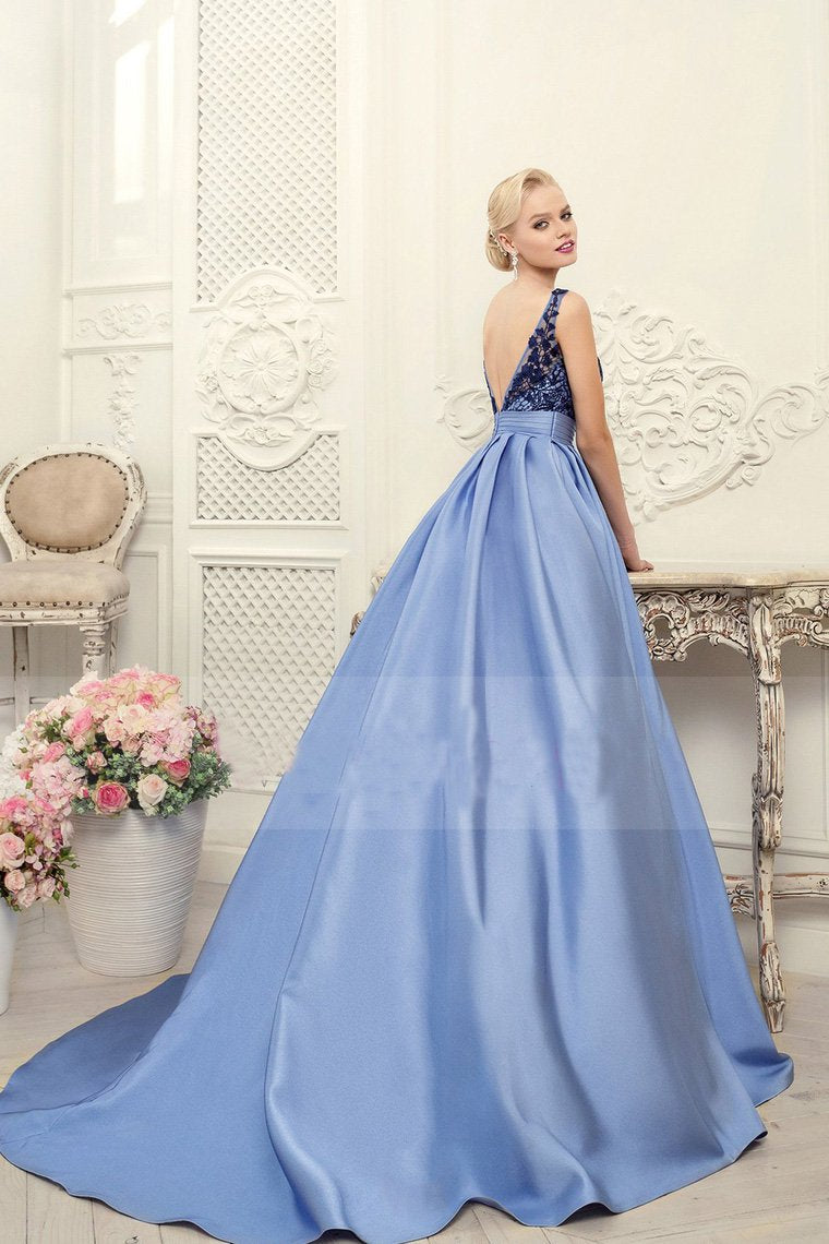 2024 Scoop Blue A-Line Appliques Satin Backless Sleeveless Quinceanera Dress Prom Dresses WK456