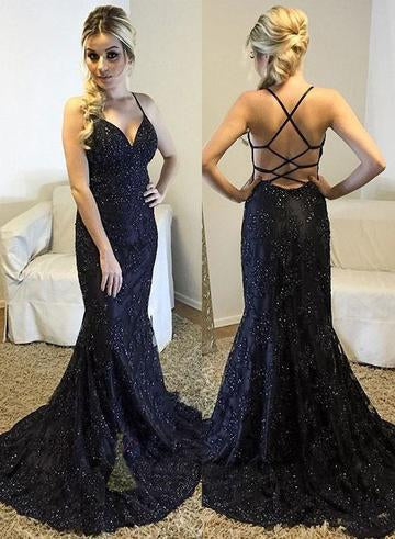 Spaghetti Straps V-Neck Black Mermaid Sparkly Sexy Beads Tulle Unique Prom Dresses WK400