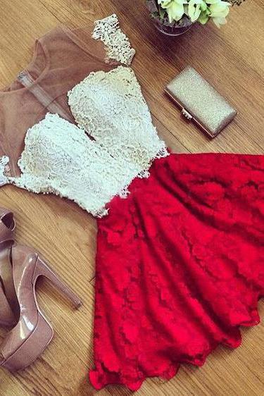 Cute Red Lace Short Sleeve Knee Length Homecoming Dress Cheap Cocktail Dresses WK470