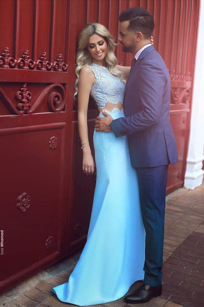 Elegant Two Piece Mermaid Blue Lace High Neck Cap Sleeve Satin Prom Dresses WK419