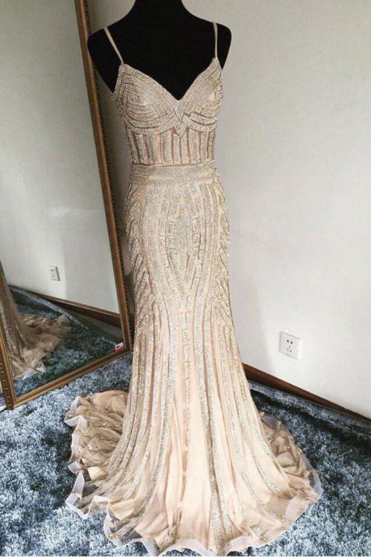 Luxurious Mermaid Spaghetti Straps V-Neck Sparkly Open Back Prom Dress Party Dress WK467