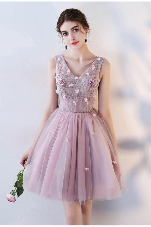 Princess Pink A Line V Neck Flowers Tulle Lace up Short Mini Homecoming Dresses WK877