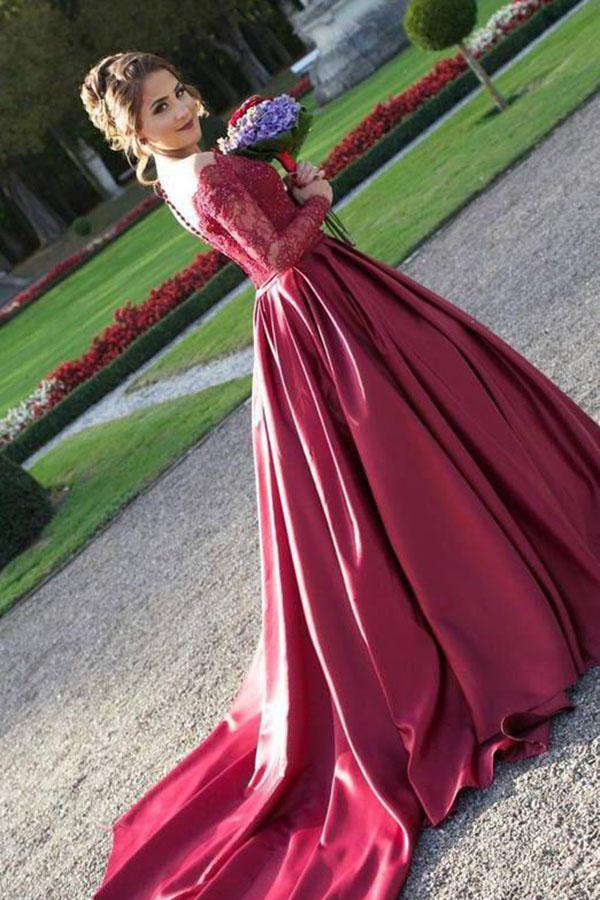 Long Sleeves Off the Shoulder Burgundy Sweetheart Satin Lace Ball Gown Prom Dresses WK435