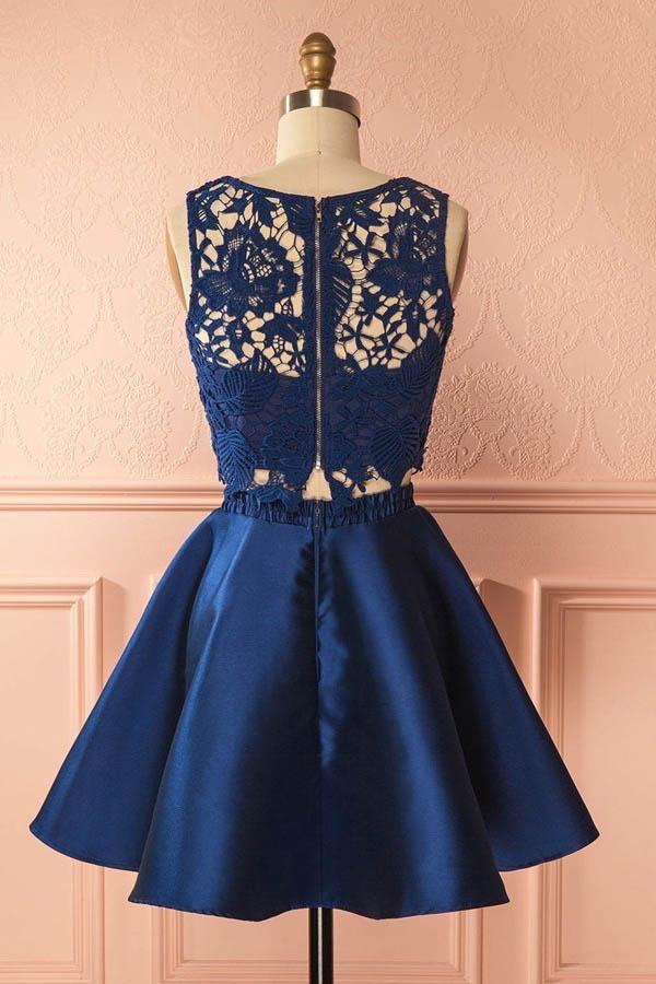 Two Piece Dark Blue Satin Cute Short A-Line Homecoming Dress with Lace Appliques WK130