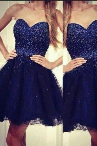 Modern Sweetheart A-line Beading Navy Blue Short Homecoming Dress