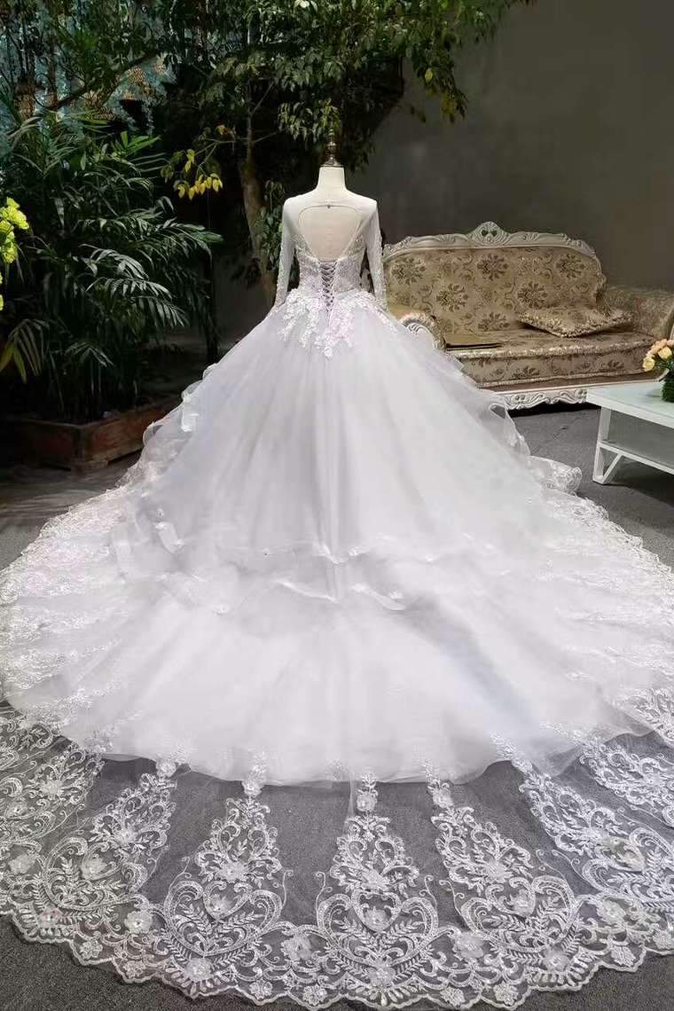 New Arrival Wedding Dresses Tulle Scoop Neck With Appliques And Handmade Flowers Lace Up Long Sleeves