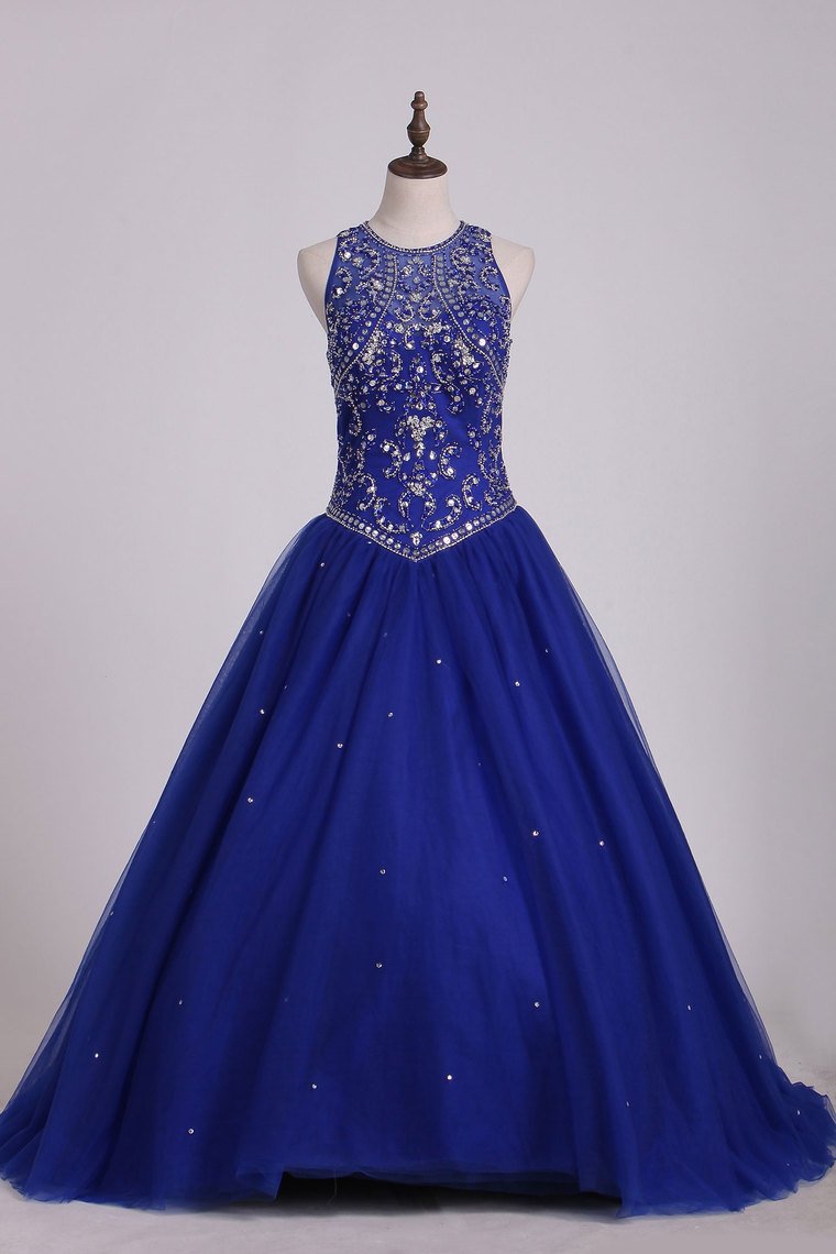 Dark Royal Blue Scoop Quinceanera Dresses Ball Gown Tulle With Beading Court Train