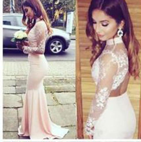 Modest Prom Dress High Neck Lace Pink evening dress Long Open Back Prom Dresses WK641