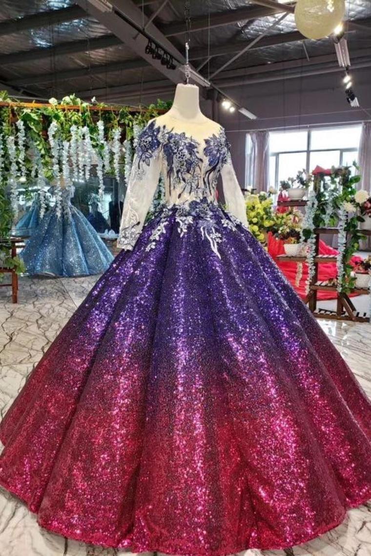 Ball Gown Long Sleeves Sequins Scoop Prom Dress, Puffy Quinceanera Dress Appliques