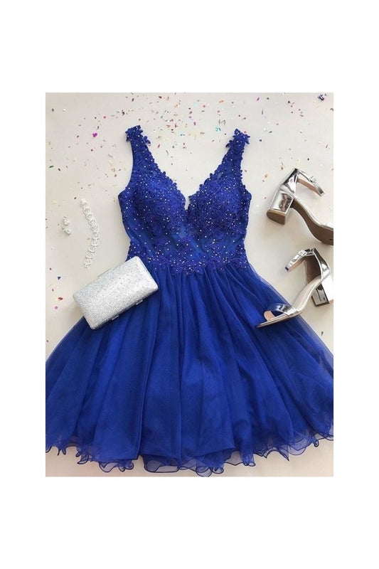 A Line V Neck Short Lace Formal Homecoming Dresses