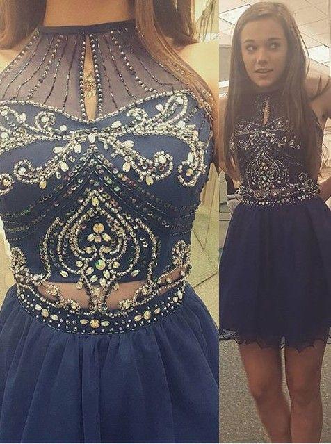 A-line High Neck Sleeveless Beaded Navy Blue Mini Chiffon Cocktail Homecoming Dress