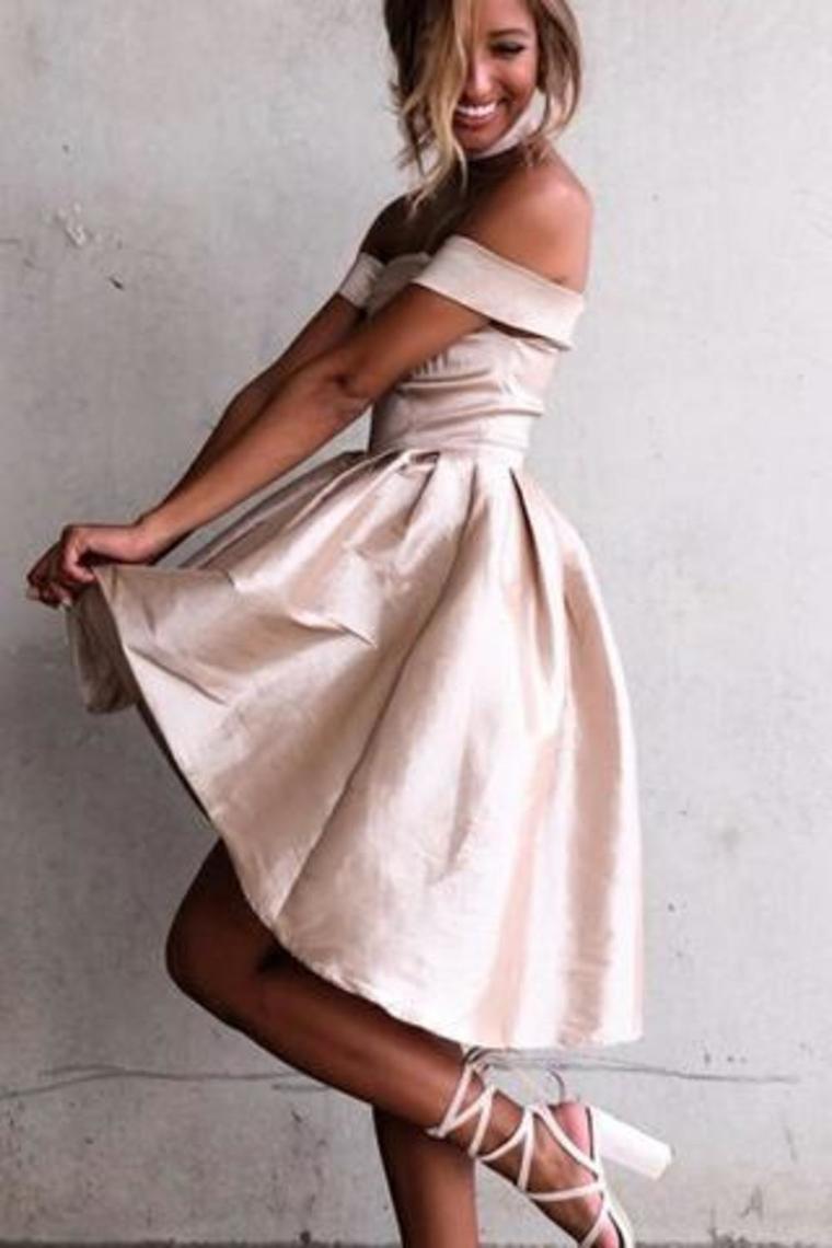 Simple A-Line Off The Shoulder High Low Satin Sleeveless Homecoming Dress