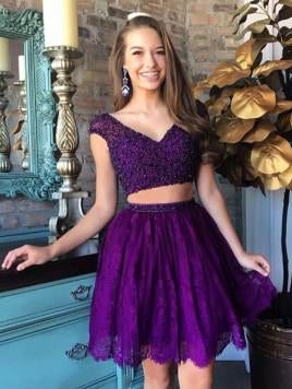 A Line Two Pieces V Neck Beads Burgundy Lace Short Prom Dresses Homecoming Dresses WK703