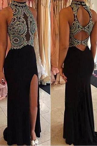 Black Open Back Halter Sleeveless Beads Mermaid Side Slit Cheap Prom Dresss BD514