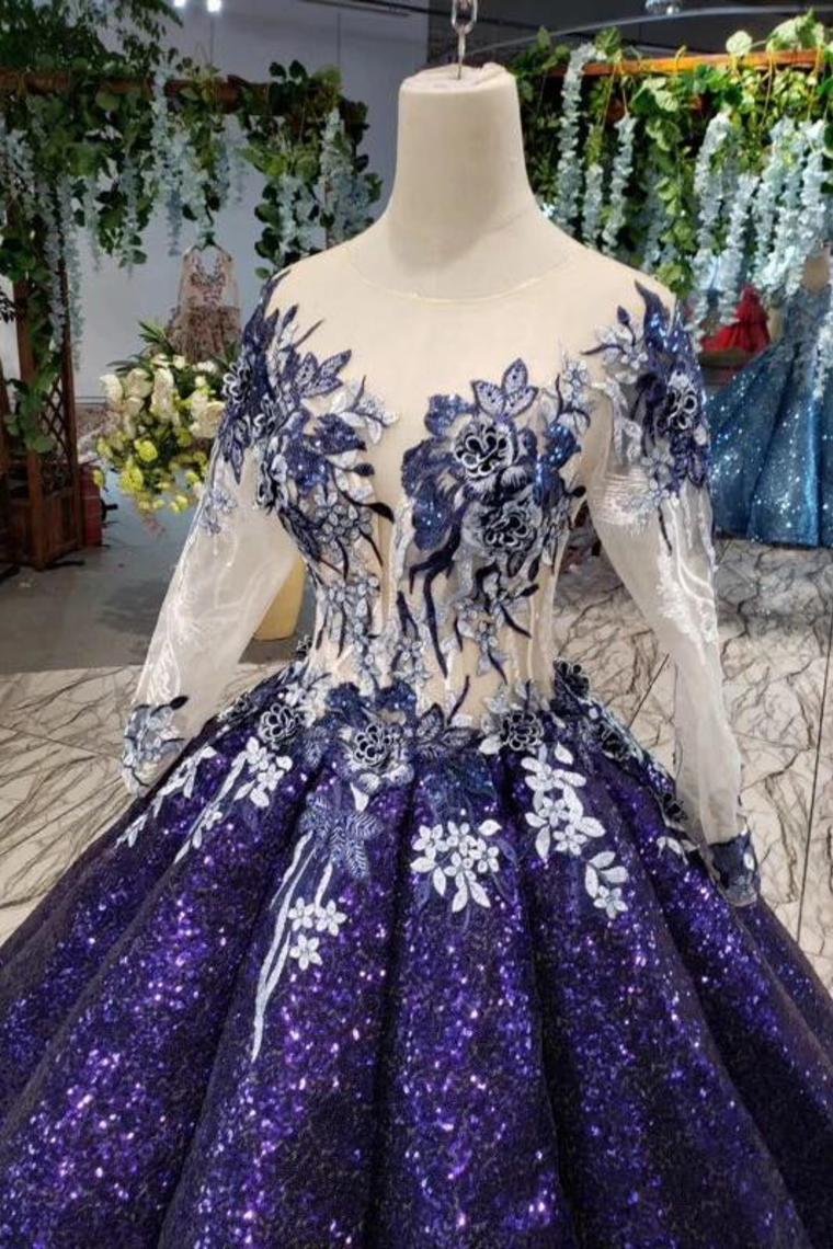 Ball Gown Long Sleeves Sequins Scoop Prom Dress, Puffy Quinceanera Dress Appliques