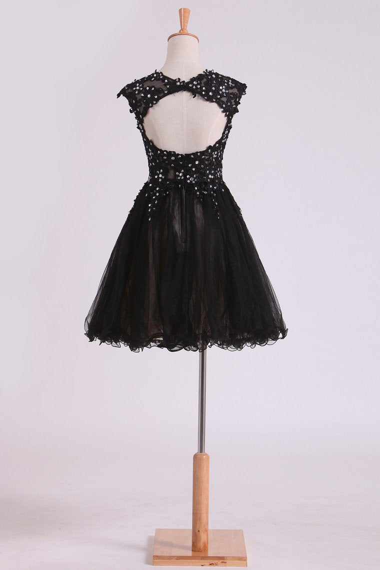 Black Scoop Short/Mini Homecoming Dresses A Line Tulle With Applique And Beading