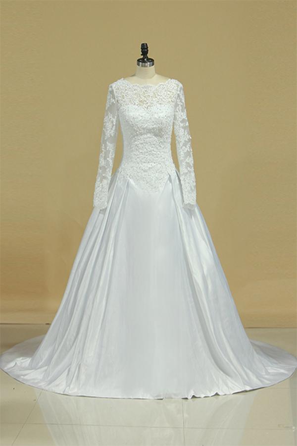 A Line Long Sleeves White Lace Appliques Satin Beads Open Back Wedding Dresses WK815