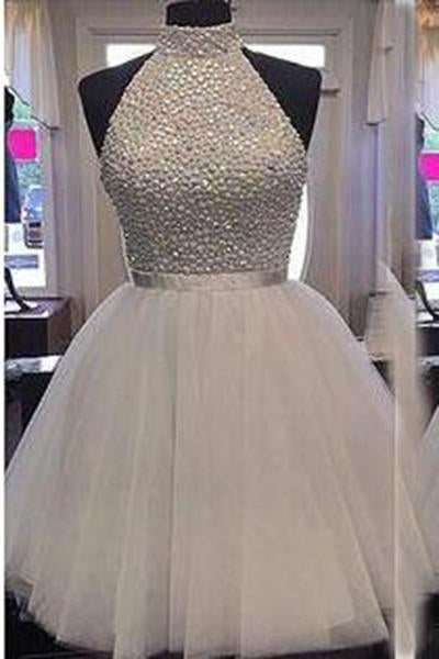 2024 Chic Halter Sexy Open Back White Beading Sleeveless Short Tulle Homecoming Dress WK258