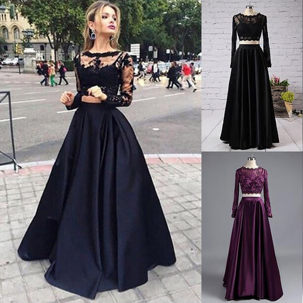 Black two pieces long sleeve prom dress A-line lace two pieces long prom dress grad dresses WK104