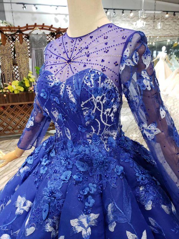 Ball Gown Blue Round Neck Prom Dresses with Beads Lace up Quinceanera Dresses WK784