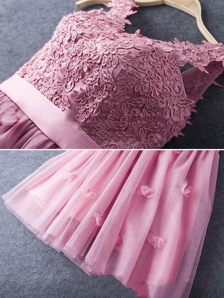 A Line Tulle Lace Appliques Lace up V Neck Pink Short Prom Dresses Homecoming Dresses WK906