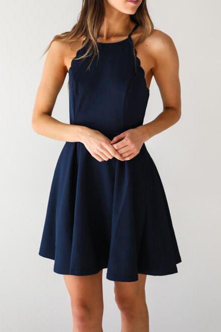 A Line Dark Navy Cute Halter High Neck Satin Short Homecoming Dress WK267