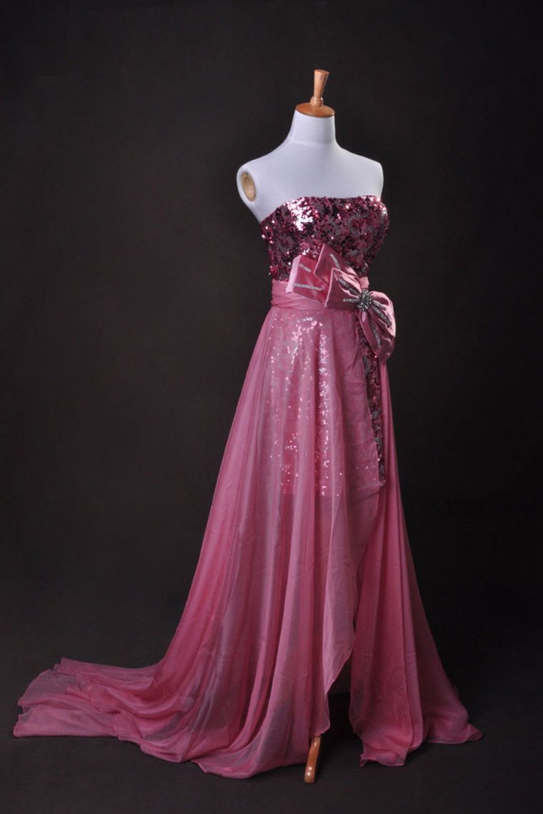 Pink  Sheath/Column Strapless Asymmetrical Chiffon Lace Cz