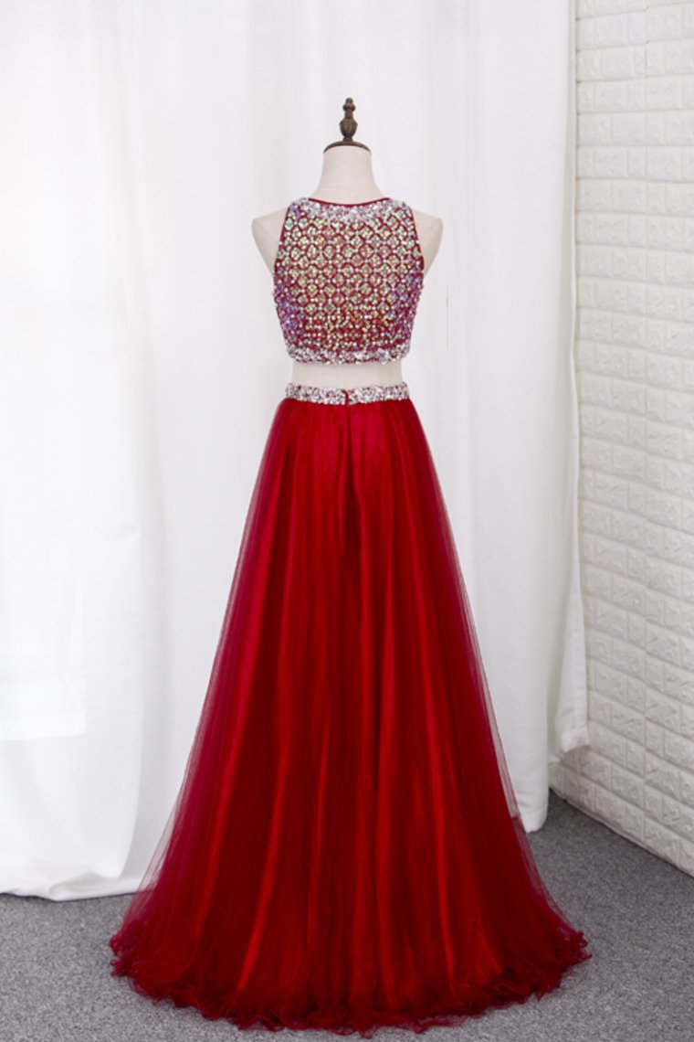 Two Pieces Bateau Prom Dress Beaded Bodice A Line Tulle Floor Length