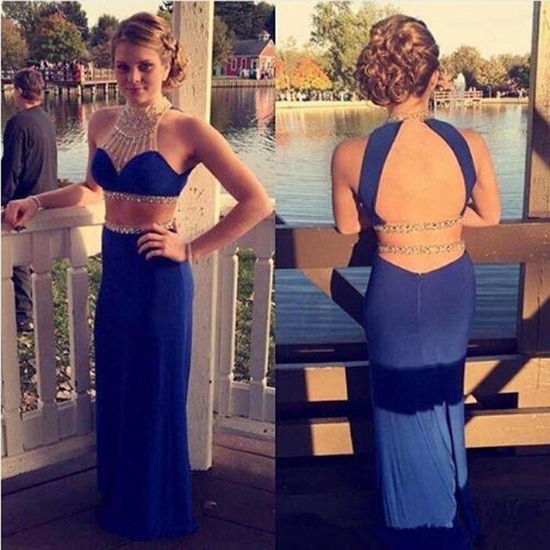 Sexy Two Pieces Open Back Royal Blue Mermaid Halter High Neck Beading Long Prom Dress WG572