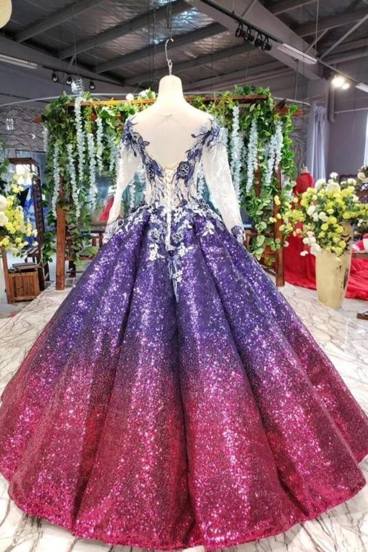 Ball Gown Long Sleeves Sequins Scoop Prom Dress, Puffy Quinceanera Dress Appliques