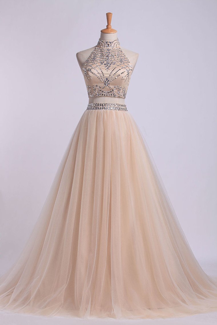 Two-Piece High Neck Prom Dresses A Line Tulle With Beading