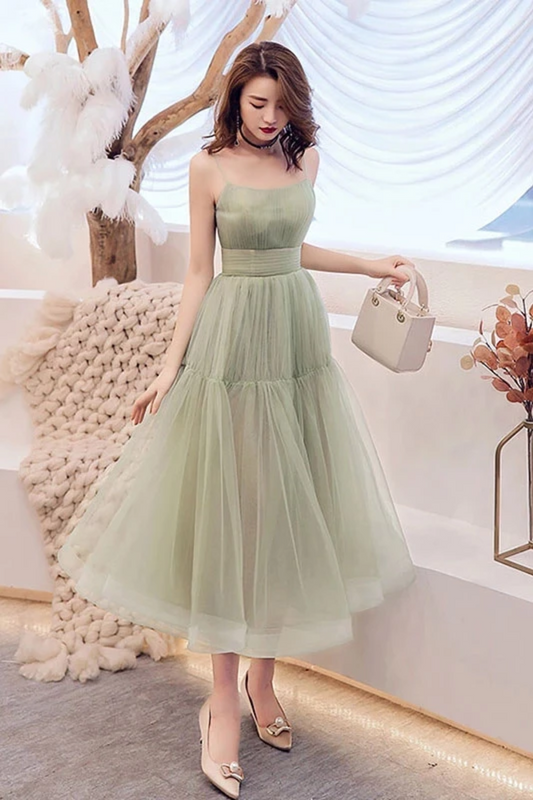 Simple Tulle Spaghetti Strap Sleeveless Pleated Prom Dresses, A Line Party Dress