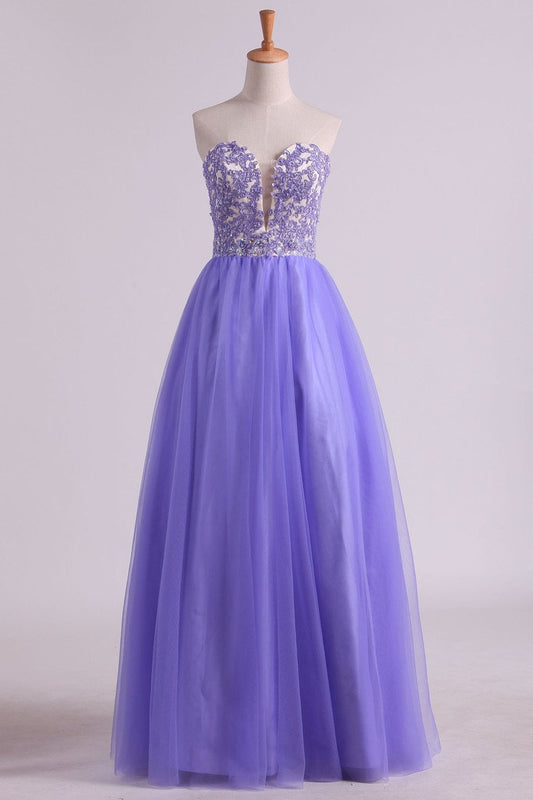 Sweetheart A Line Tulle Prom Dresses With Applique And Beads