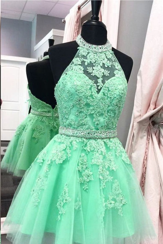 2024 A Line Homecoming Dresses Halter Beaded Bodice Short/Mini Tulle Zipper Up