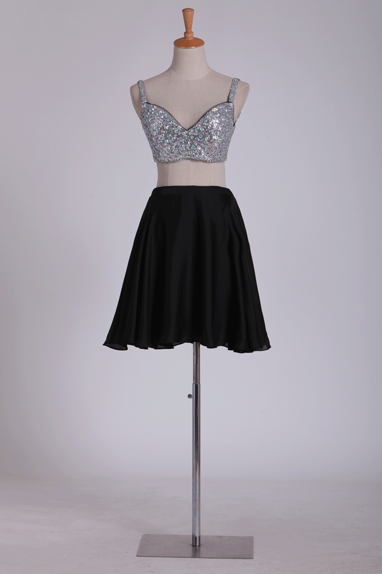 Black Two-Piece Homecoming Dresses Beaded Bodice A-Line Chiffon