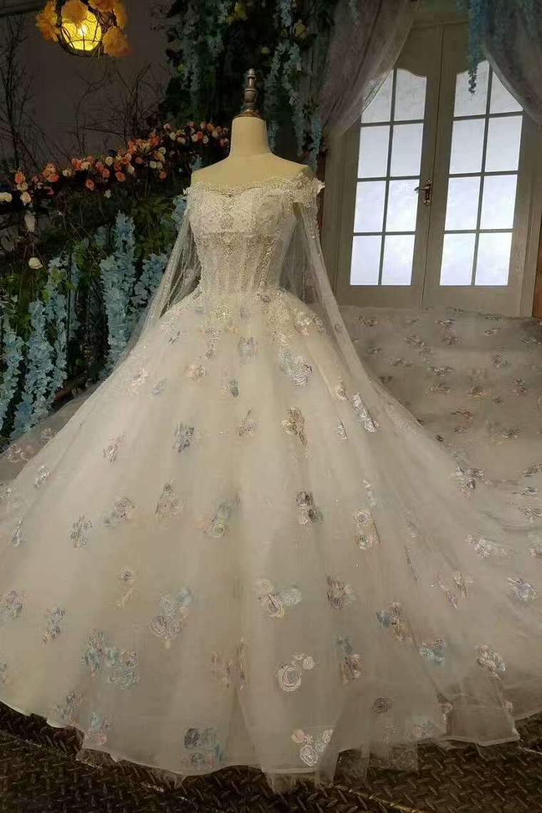 Floral Wedding Dresses A-Line Off The Shoulder A-Line Tulle Lace Up With Beads And Sequins