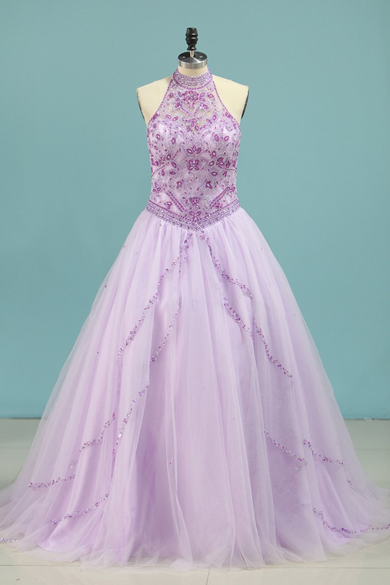 High Neck Quinceanera Dresses Ball Gown With Beading Court Train