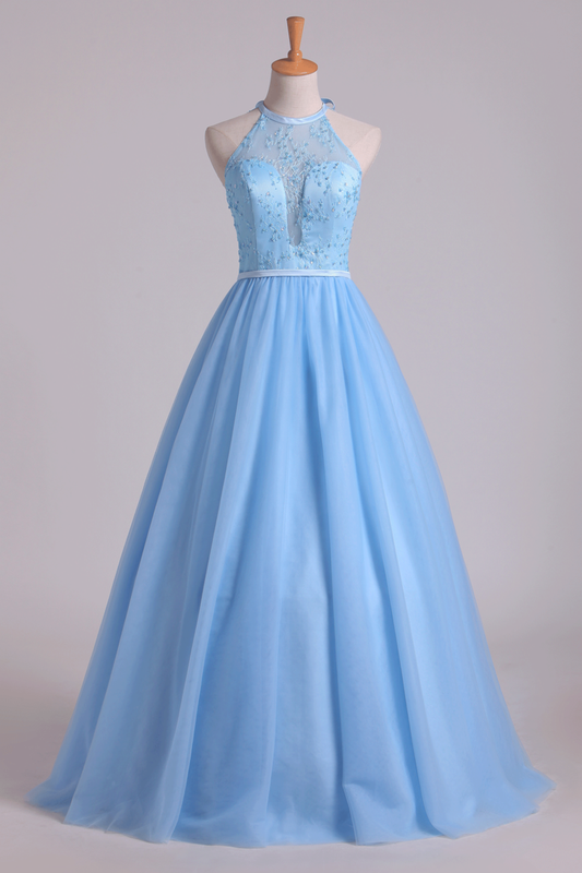 Halter A Line/Princess Prom Dresses With Long Tulle Skirt